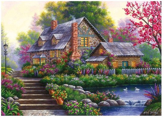 Een schilderachtige cottage met stenen en houten muren, omringd door een weelderige bloementuin en een kabbelende beek met zwanen.