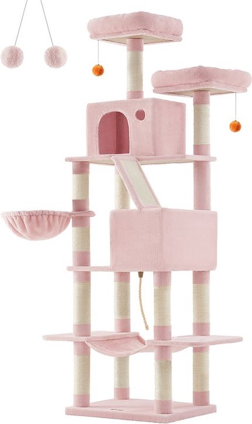 Heybly Krabpaal, 173 cm Hoog, Kattenboom, Met 16 Krabpalen, 2 Grote Platforms, 2 Manden, Hangmat, Grot, Pluche Ballen, Kattenkrabpaal Met Meerdere Verdiepingen, Rookgrijs HCT025G