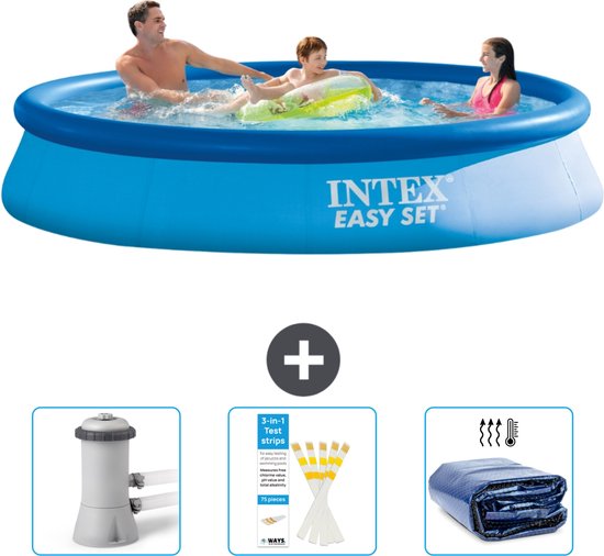Intex Rond Opblaasbaar Easy Set Zwembad - 366 x 76 cm - Blauw - Inclusief Zwembadfilterpomp - Testrips - Solarzeil