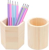 Bastix - Set van 2 houten pennenhouders, ronde en zeshoekige pennenhouder, doe-het-zelf pennenbeker voor bureau, kantoor, make-up, school