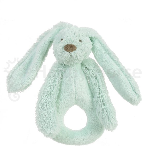 Lichtgroene konijnenrammelaar met lange flapperende oren en een bruin neusje.