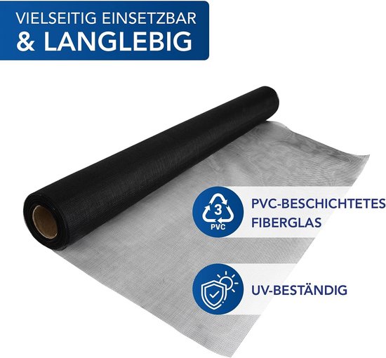 Teso Insectenwerend gaas, muggenbescherming, vliegengaas, uv-bestendig, met pvc-coating, per stuk verpakt, zwart, 140 x 150 cm