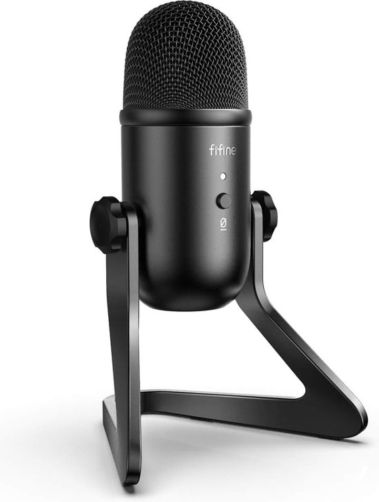 Zwarte Fifine K678 microfoon met standaard, close-up.