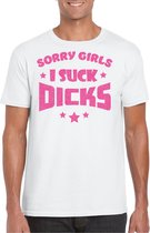 Bellatio Decorations Gay Pride T-shirt heren - i suck dicks - wit - glitter roze - LHBTI L