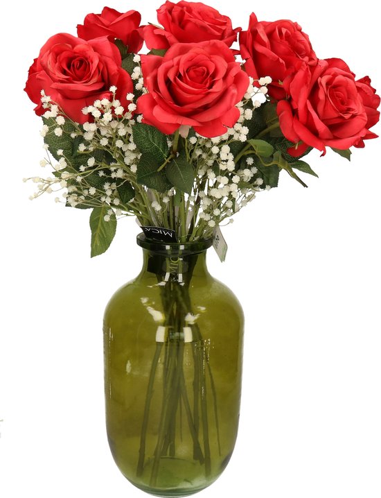 Kunstbloemen boeket rozen en gipskruid - 60 cm - Elegance - kunst zijdebloemen