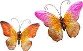 Anna Collection Wanddecoratie vlinders - 2x - oranje/roze - 32 x 24 cm/44 x 32 - metaal - muurdecoratie/schutting - dieren beelden