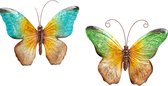 Anna Collection Wanddecoratie vlinders - 2x - groen/blauw - 32 x 24 cm - metaal - muurdecoratie - tuin beelden van dieren