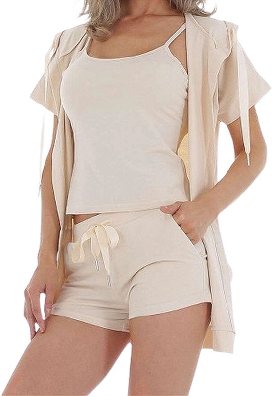 Dilena fashion korte broek top vest 3 delig set katoen cotton licht beige