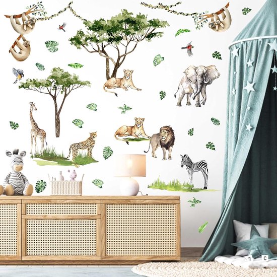 Stickers muraux animaux arbre de la jungle pour Chambre de bébé et chambre d'enfant sur le Thema Safari