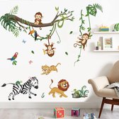 Muursticker jungle dieren boom - aap leeuw zebra - wanddecoratie voor kinderkamer en woonkamer