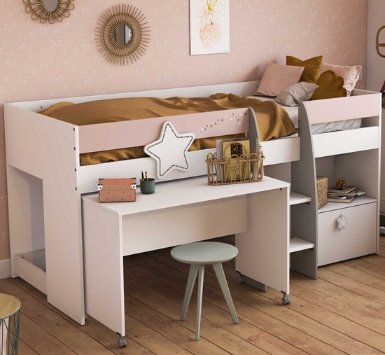Hoogslaper met bureau 90 x 200 cm Stellar - CBA - Kinderbedden met uitvalbeveiliging - Wit - MDF; Spaanplaat - Kinderbedden met uitvalbeveiliging - Eenpersoons - Halfhoogslaper