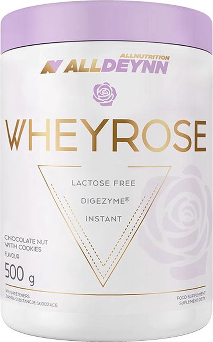 Goedkoopste Alldeynn | WheyRose | Chocolate, nut with cookies pieces 500gr 16 doseringen | Instant | Lactose vrij | Instant | Digezyme | Spijsvertering Enzymen | Proteïne shake | Whey Proteïne | Whey Protein | Nutriworld