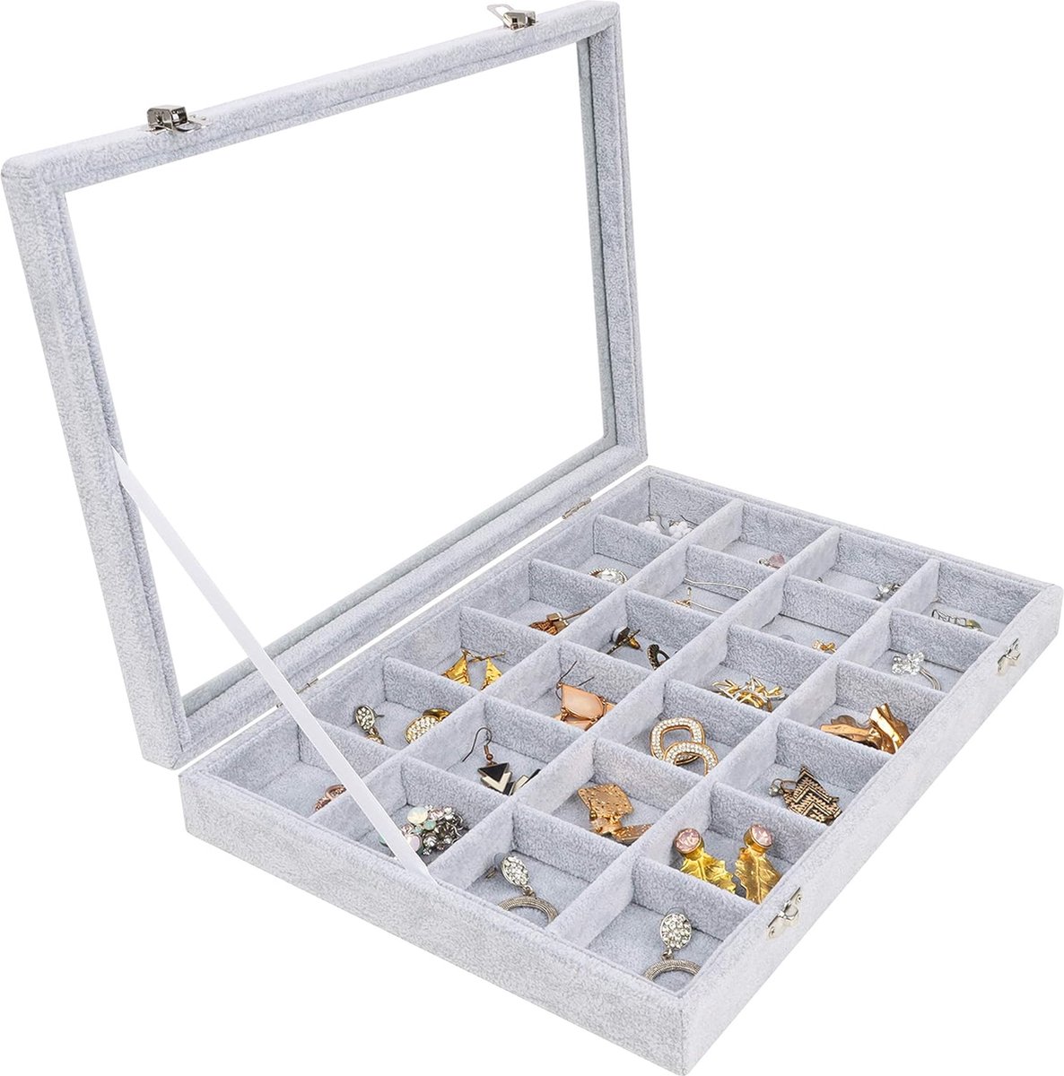 Jewelry Organizer Sieradendoos, grijs, fluwelen doosje met glazen deksel en 24 vakken, sieradenopslag, stapelbaar, sieradenkistje, laden, verstelbaar voor ringen, kettingen, armbanden,