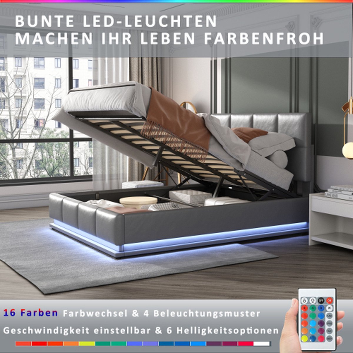 Tweepersoonsbed, 140 x 200 cm, hydraulisch opbergbed, gevoerd bed, gestoffeerd bed met USB-oplaadstation, jeugdbed, functioneel bed, bedframe met lattenbodem, linnen, zonder matras (grijs linnen