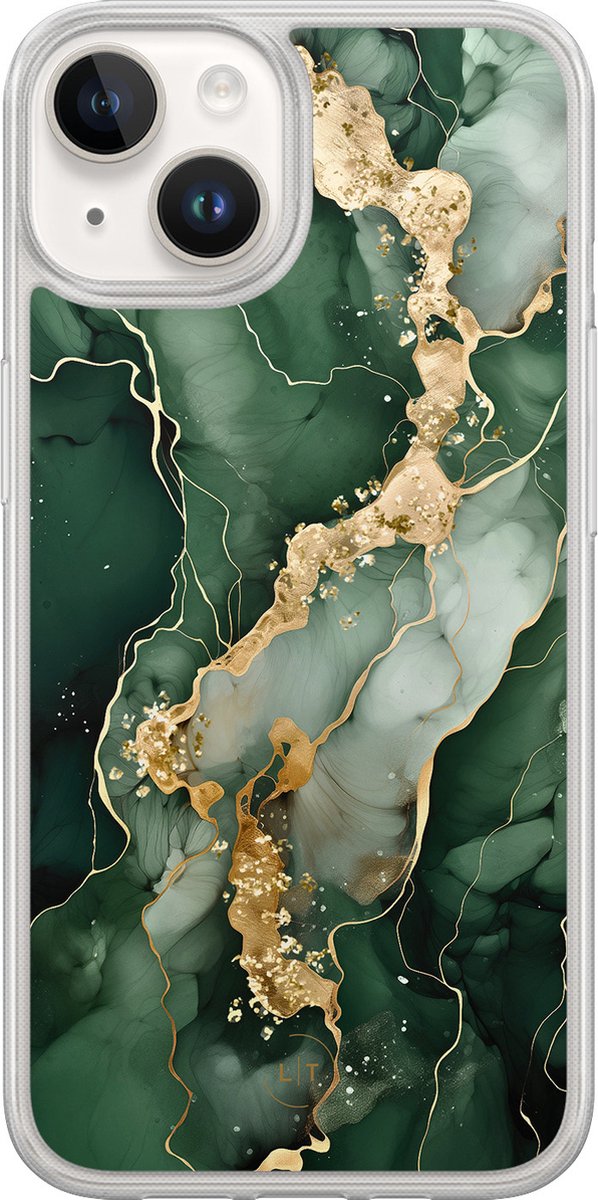 Hoesje geschikt voor iPhone 14 - Marmer groen goud - 2in1 backcover - Marmer - Groen - Leuke Telefoonhoesjes