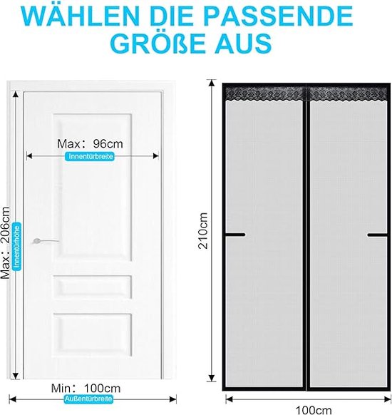 Magnetisch vliegengaas, 100 x 210 cm, insectenbescherming, balkondeur gemaakt van glasvezel, zijopening, vliegengordijn, magnetisch gordijn, deurgordijnen voor balkon, woonkamer, slaapkamer, deuren