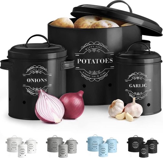 Foto: Opslagcontainerset perfect als aardappelpot knoflookpot of uienpot de meest stijlvolle manier om groenten nog langer vers te houden