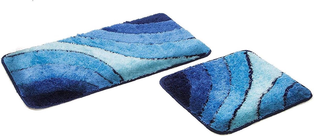 Badmat set | blauw | golf | 2-delig | antislip | WC-mat 50 x 45 cm | badmat 50 x 90 cm | badmat | tapijt | badkamer