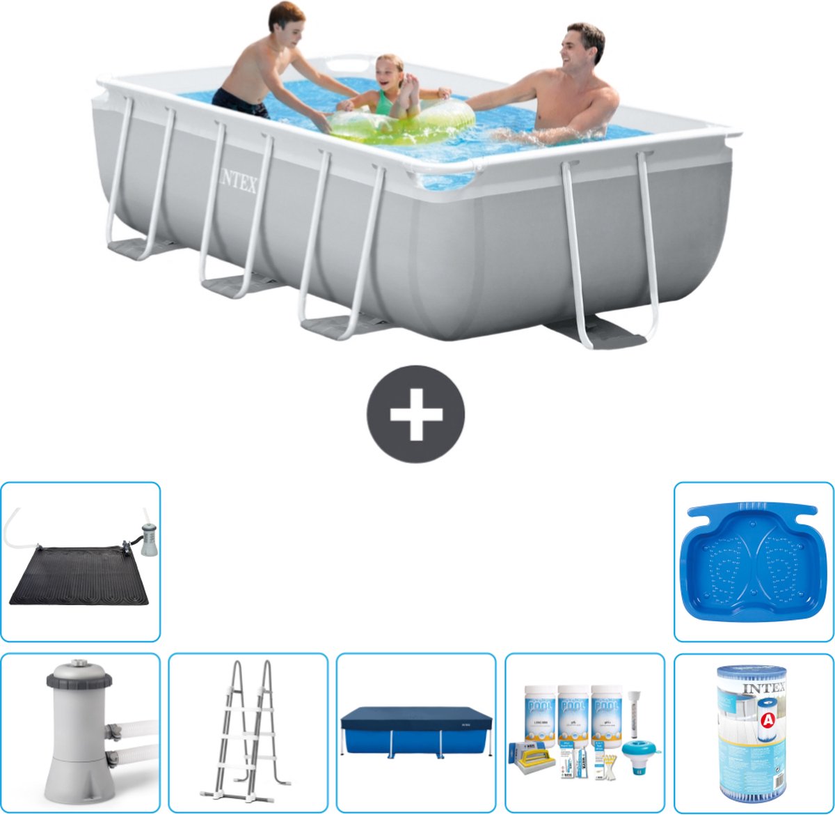 Intex Rechthoekig Prism Frame Zwembad – 300 x 175 x 80 cm – Grijs – Inclusief Pomp – Ladder Afdekzeil – Onderhoudspakket – Filter – Solar Mat – Voetenbad