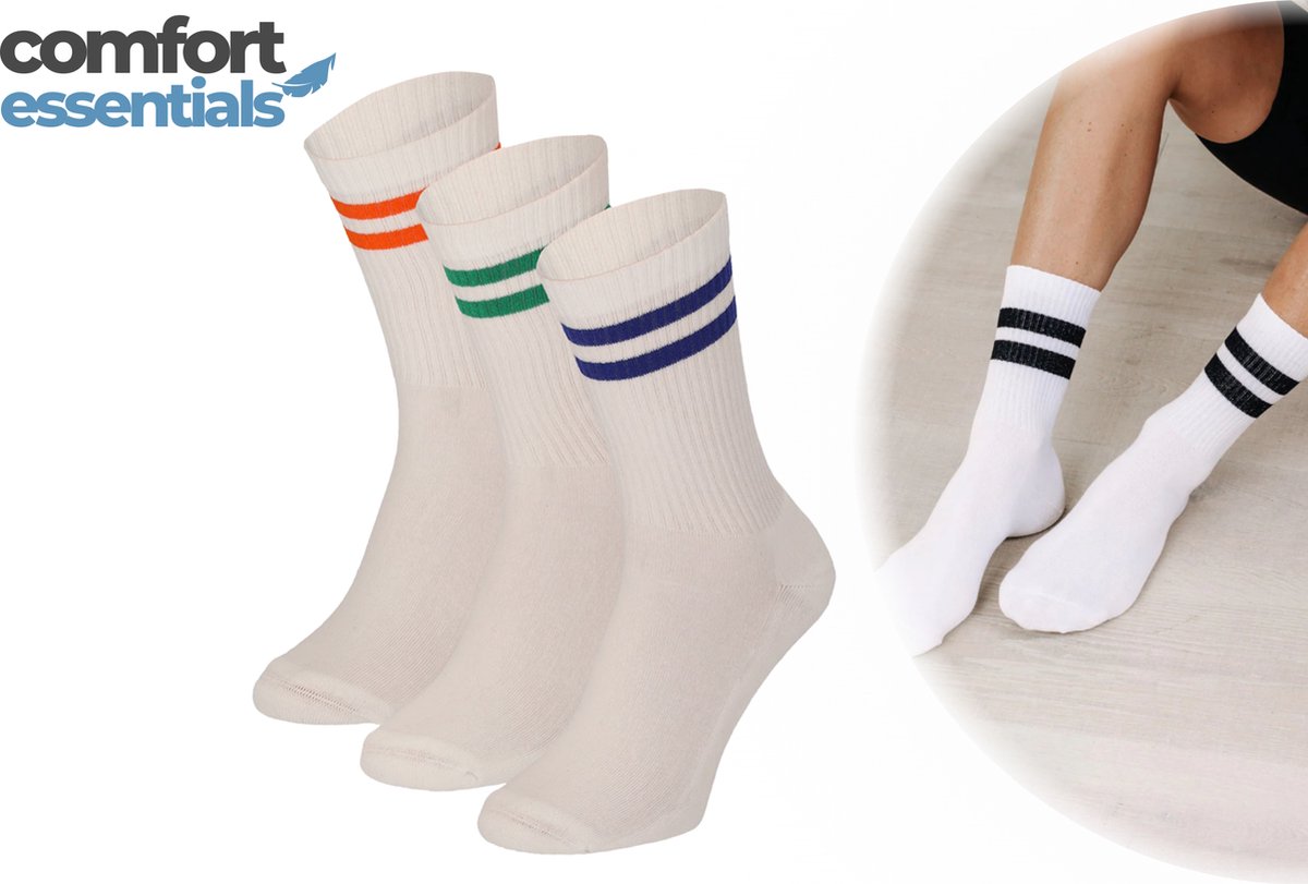 Comfort Essentials - Sportsokken Dames - 3 paar - Wit Met Gekleurde Strepen - Sportsokken Dames - Sokken met Strepen - Tennissokken Dames - Hardloopsokken Dames