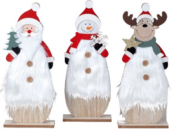 Kersthuisjebestellen - Set van 3 stuks - Houten Staande Kerstdecoratie Figuren - Kerstman , Sneeuwman , Rendier - H=40cm B=16cm