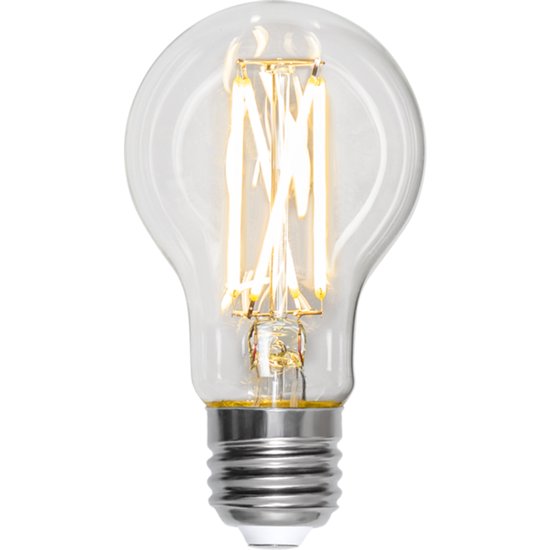 Ampoule transparente allumée avec culot E27 et filaments LED visibles, produisant une lumière chaude.