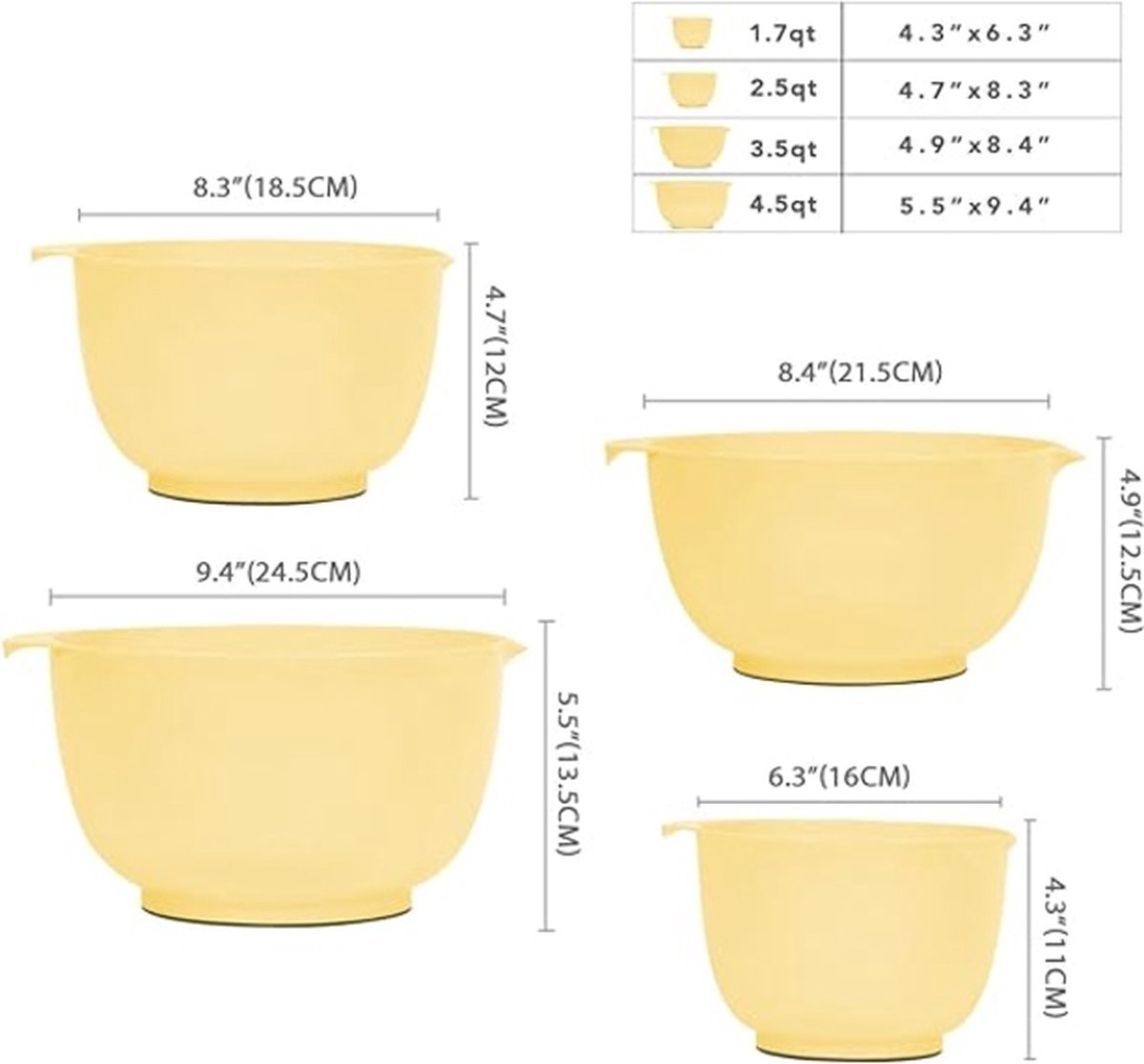 Mengkom set mixing bowl set kunststof slakom antislip stapelbaar serveerschalen voor keuken 4-delige mengkomset (geel)