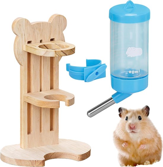 Vegena Drinkfles voor hamsters en cavia's, 80 ml, hangende waterfles met verstelbare houten standaard, drinkbak voor kleine dieren