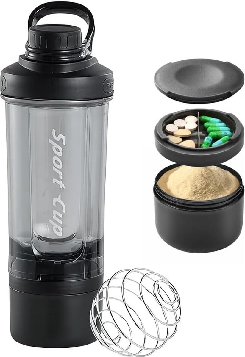 Goedkoopste Eiwitshaker, eiwitshaker, met poedervak en bal, shakebeker, fitnessshaker, BPA-vrij en lekvrij, shaker, proteïneshake met schaal, voor eiwitshakes, fitness, yoga en andere sporten