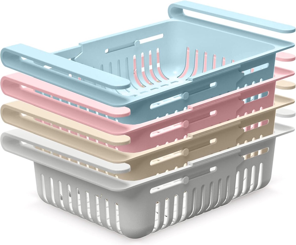 Koelkastorganizer, set van 4 voor optimale organisatie en orde, flexibel instelbare en ruimtebesparende opbergdozen, uittrekbaar voor elke koelkastgrootte