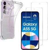 Samsung Galaxy A55 5G Hoesje backcover Shockproof siliconen Transparant en 2 stuks Screenprotector Gehard Glas