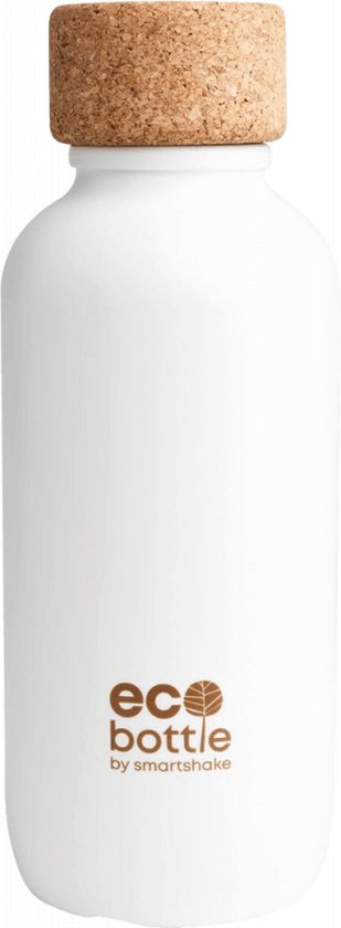 Witte Smartshake EcoBottle fles met kurken dop en het logo 'eco bottle by smartshake' op de voorzijde.