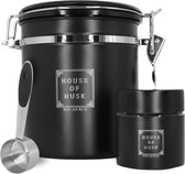 House of Husk Boîte à café avec Ventilation CO² 1,5 litre - Boîte de conservation - Bidons alimentaires - Boîte de conservation - Acier inoxydable - Zwart - Avec pot de conservation en Verres et cuillère doseuse