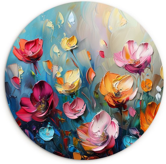 WallCircle® Wandcirkel 60x60 cm - Muurcirkel Bloemen - Kleurrijk - Abstract - Verf - Natuur - Muurdecoratie woonkamer - Wanddecoratie slaapkamer - Kamer decoratie accessoires - Ronde schilderijen