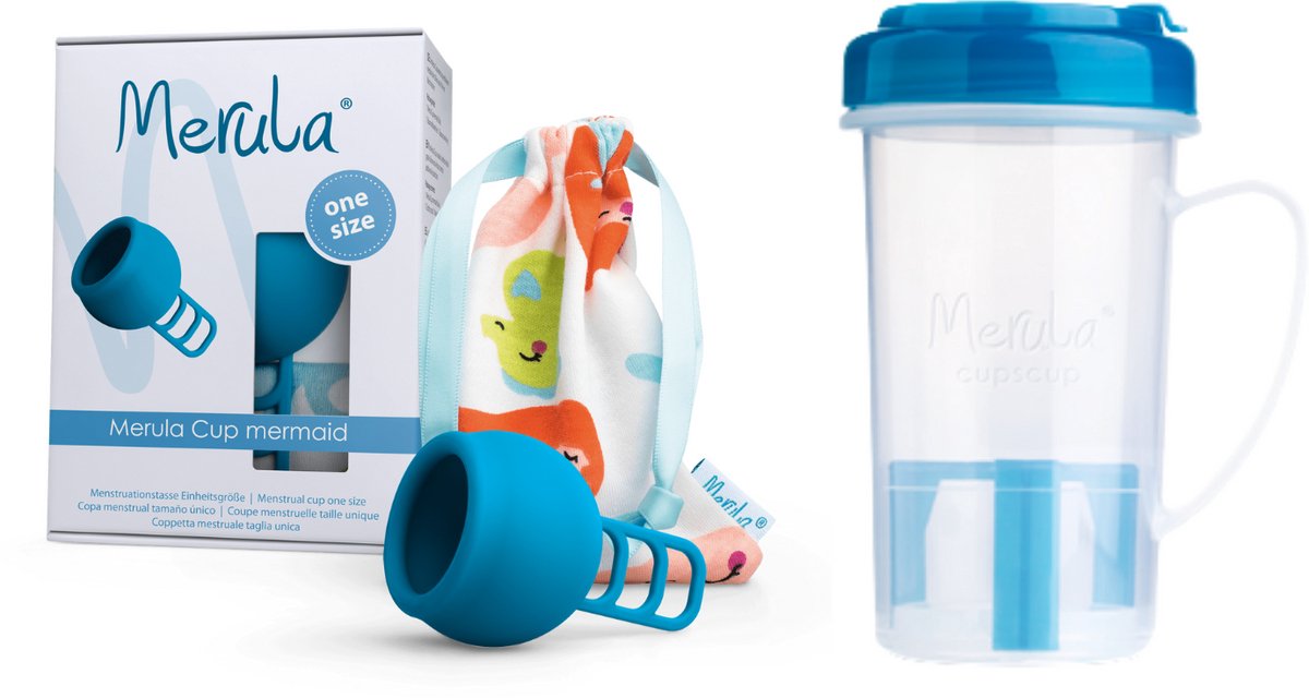 Merula Merula Cup + Cupscup - Mermaid blauw - 100% veilig - Effectief reinigen - Handig in gebruik