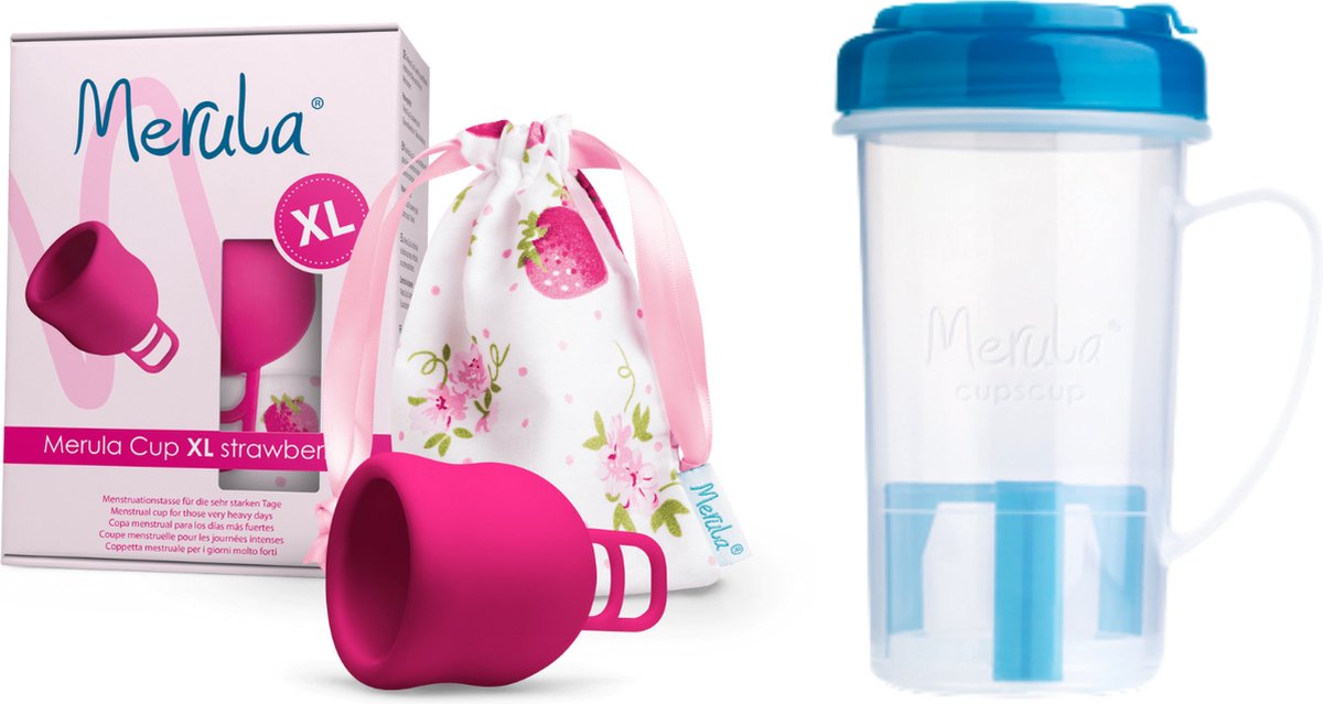 Merula XL Menstruatiecup + Cupscup - Strawberry - Lekvrij - Medisch Siliconen - Magnetron reiniger