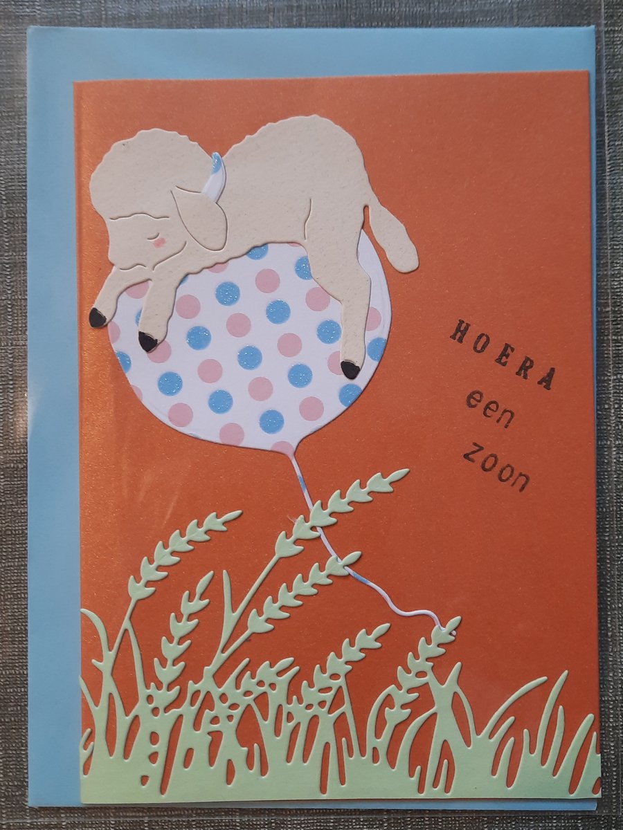 Wenskaart geboorte - HANDGEMAAKT - Schaap ballon JONGEN