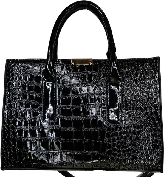 Handtas - Zwartkleurig met krokodillenpatroon en gouden details