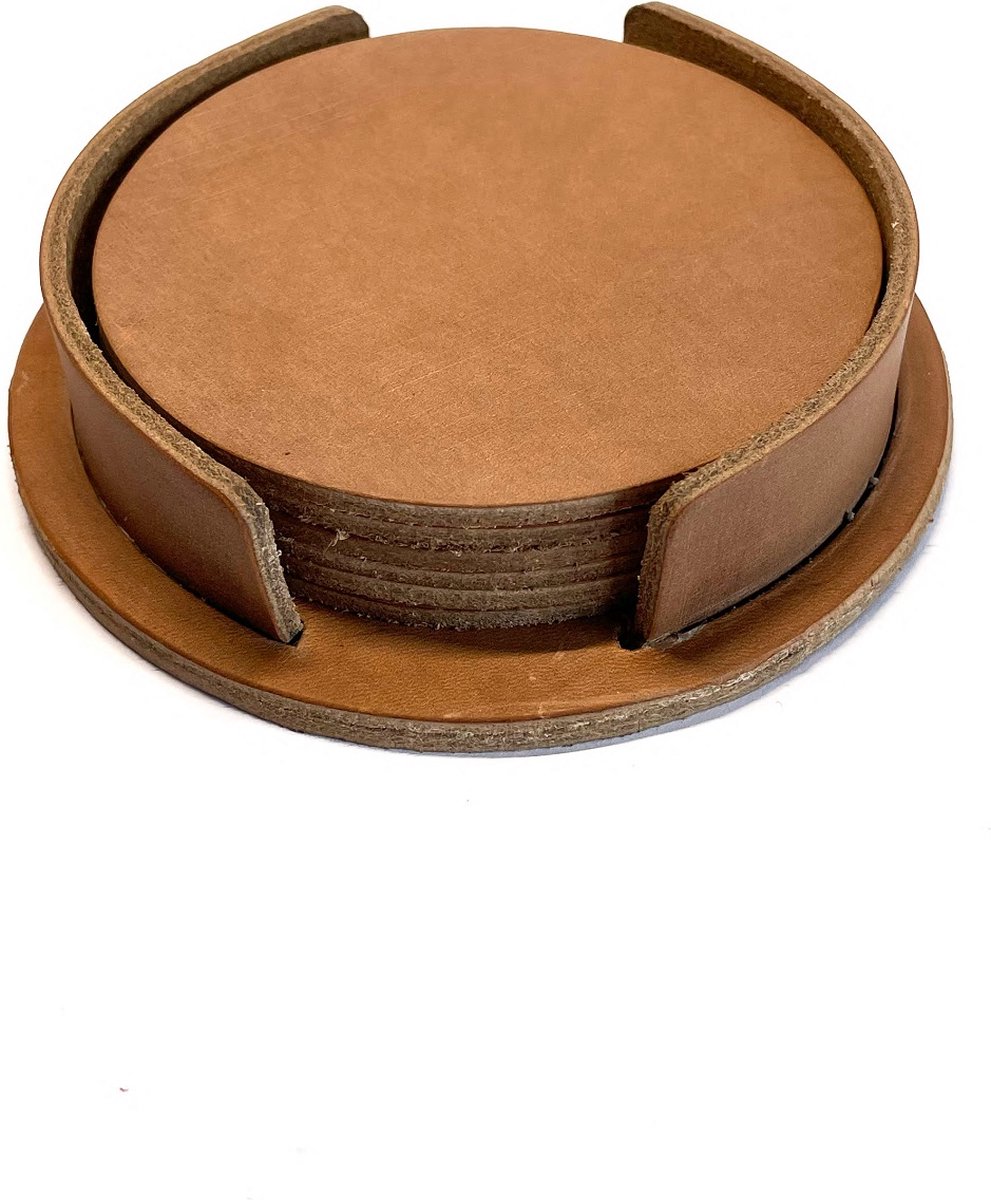 Lederen Onderzetters met leren houder - Set onderzetters – Onderzetters voor Glazen – Design Onderzetters met Houder – Leren Onderzettersset – Leder – Set van 6 – beige