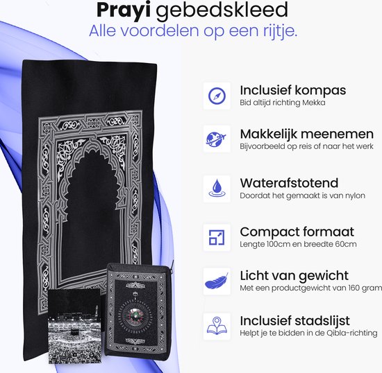 Djitee® Prayi - Islamitisch Reis Gebedskleed - Bid Overal - Inclusief Opbergtasje Met Qibla Kompas - Cadeau Voor Ramadan en Eid - Afmeting 100 x 60 cm - Djitee