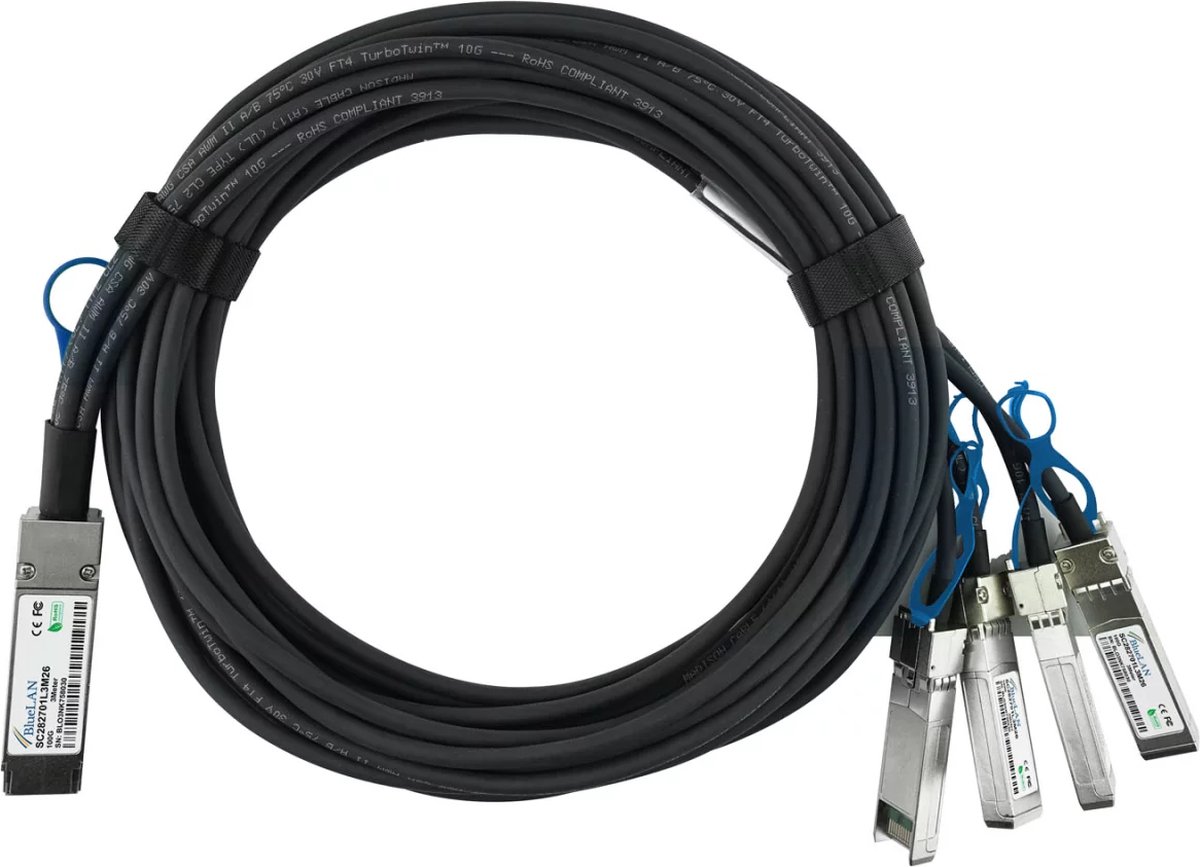 BlueOptics DAC-QSFP28-4SFP28-25G-3M-BL InfiniBand en Glasvezelkabel 4xSFP28 Zwart, Zilver