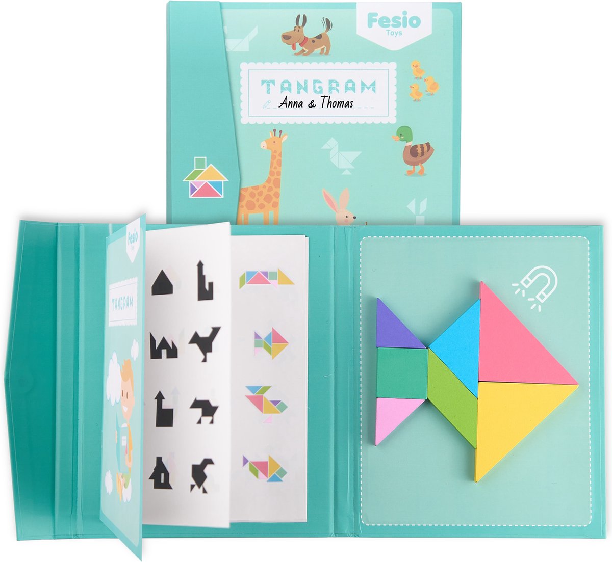 Fesio Tangram Puzzel Magnetisch voor Peuters en Kleuters - Puzzelboek/Magneetboek/Houten Vormenpuzzel - Turquoise op Prijzenvolger.com