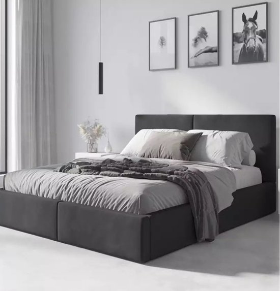 Bedframe Hilton gestoffeerd Incl. lattenbodem ,opbergruimte en matras - Grafiet - 160 x 200