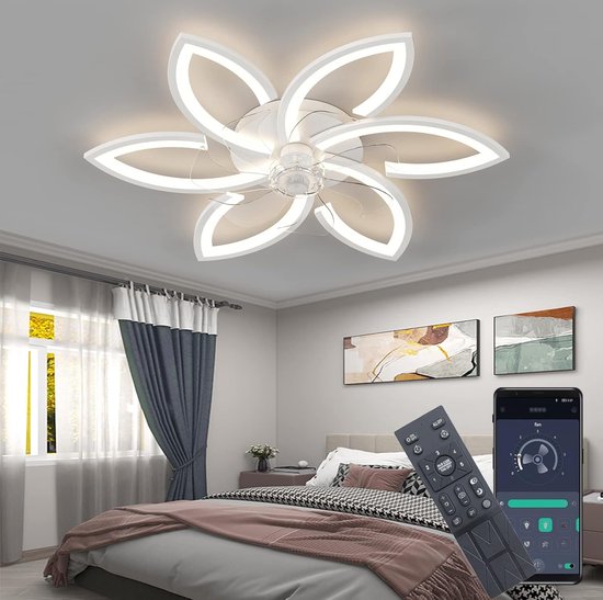 LuxiLamps - 6 Sterren Plafondlamp Met Ventilator - Wit - Met Afstandsbediening - Smart lamp - Dimbaar Met App - 6 Standen Ventilator - Woonkamerlamp - Moderne lamp - Plafoniere