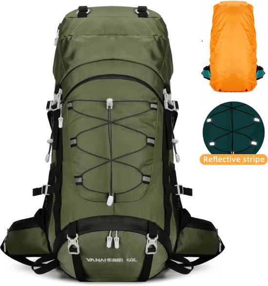 CarryQuest® - 60L - Backpacks - Backpack - Camping - Wandelrugzak - Rugzak - Outdoor - Klimmen - Wandelen - Trekking - Groen- Regenhoes - Schoenopbergzak - Mesh Zakken - Ritssluiting Zakken - Nylon - Polyester - Backpack Organizer