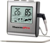 ThermoPro TP16 Digitale Koken Voedsel vlees Thermometer voor Smoker Oven Keuken Snoep BBQ Barbecue Thermometer Klok Timer met roestvrij stalen temperatuur sonde, grote LCD-display, zilver
