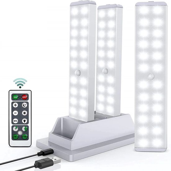3x Éclairage d'armoire avec détecteur de mouvement - Lampe LED - Lampe de cuisine - Éclairage de cuisine LED sous le comptoir - Éclairage de cuisine Éclairage sous plan - Avec station de recharge et télécommande