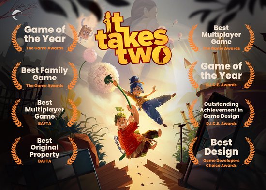 Game art van 'It Takes Two', met cartoonpersonages die aan een paardenbloem slingeren, omringd door prijzen.