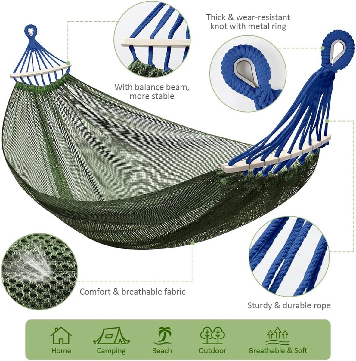 Hamac De Camping Léger En Filet - 260x130 Cm, Charge 200 Kg - Pour Randonnée, Jardin, Plage, Voyage