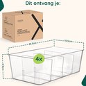 Een doorzichtige koelkast organizer met vier compartimenten, naast een productdoos met afmetingen: 26.5cm x 15.5cm x 8.9cm.